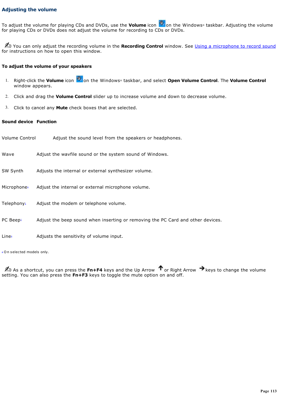 Adjusting the volume | Sony PCG-FRV33 User Manual | Page 113 / 141