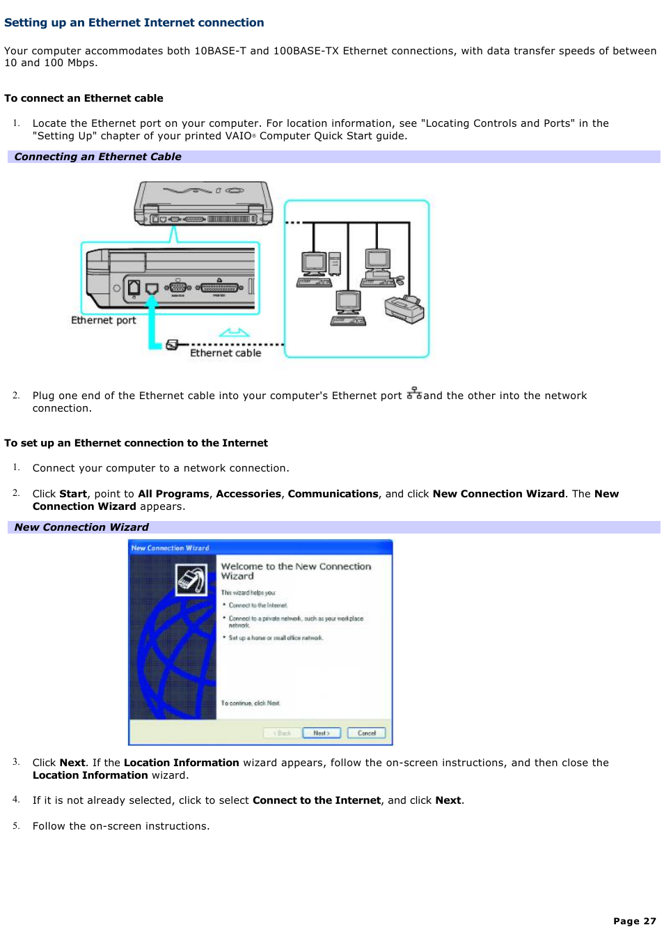 Setting up an ethernet internet connection | Sony PCG-FRV33 User Manual | Page 27 / 141