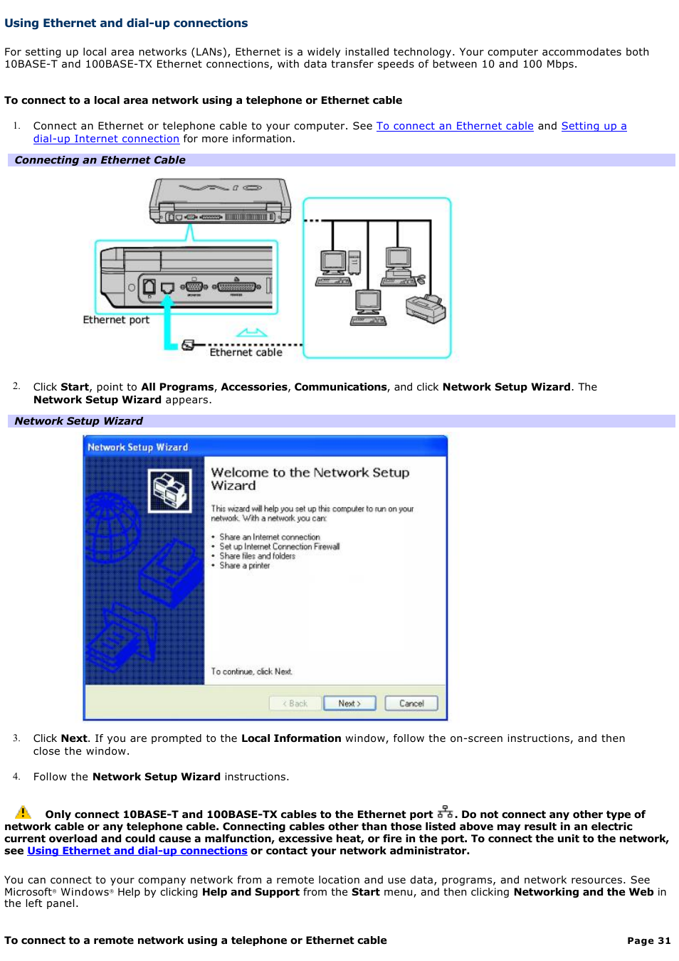 Using ethernet and dial-up connections | Sony PCG-FRV33 User Manual | Page 31 / 141