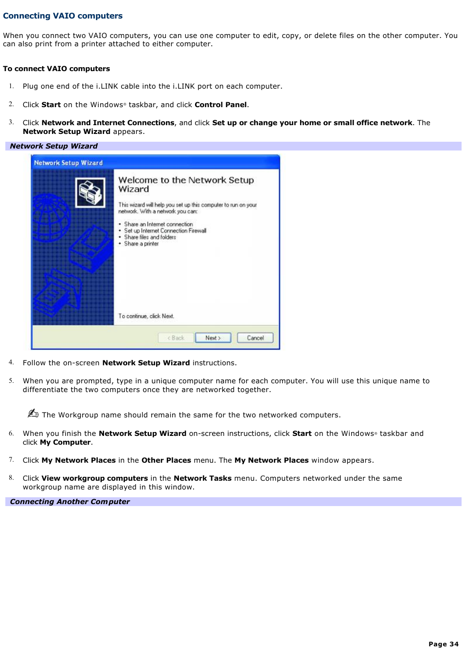 Connecting vaio computers | Sony PCG-FRV33 User Manual | Page 34 / 141