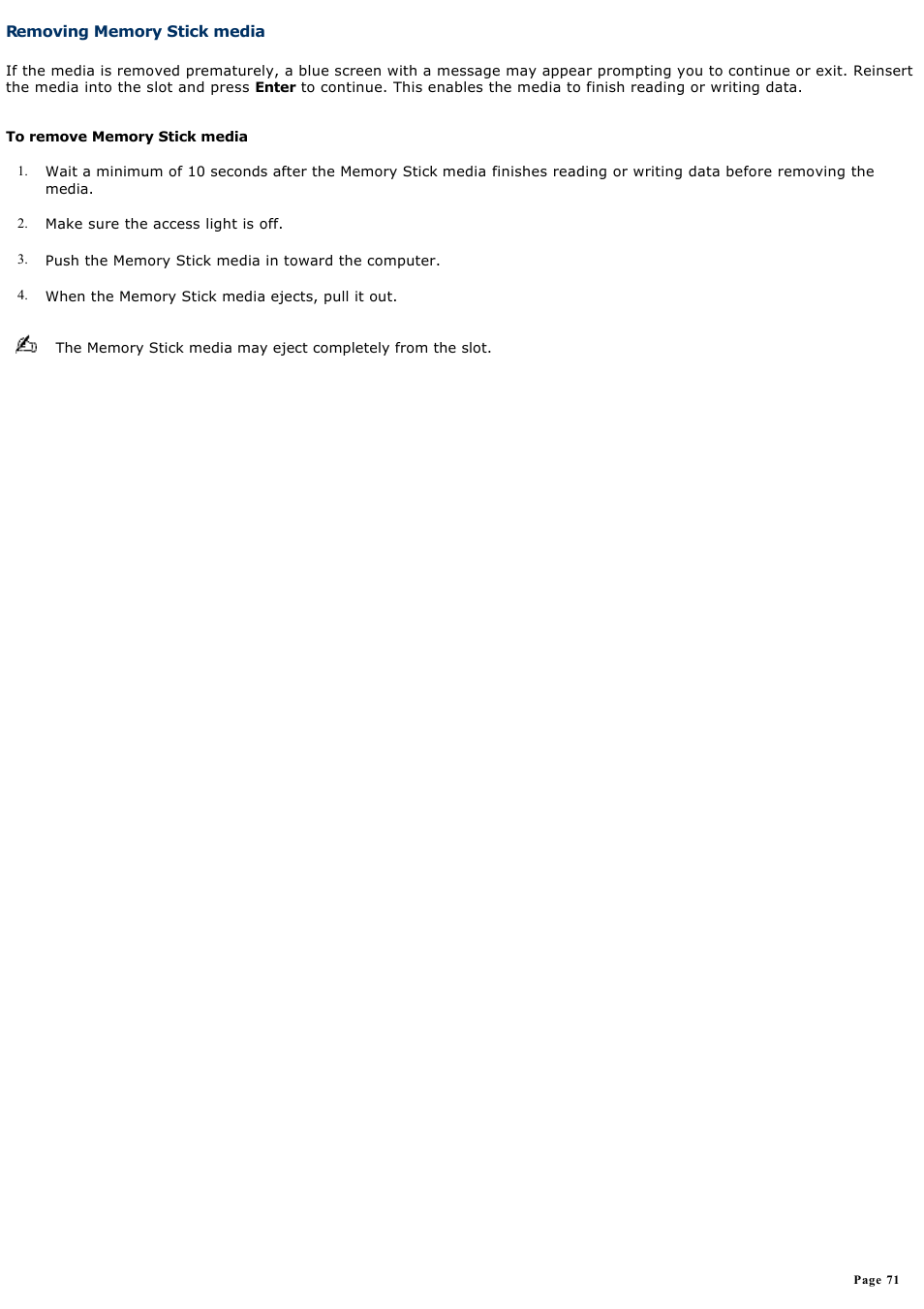 Removing memory stick media | Sony PCG-FRV33 User Manual | Page 71 / 141