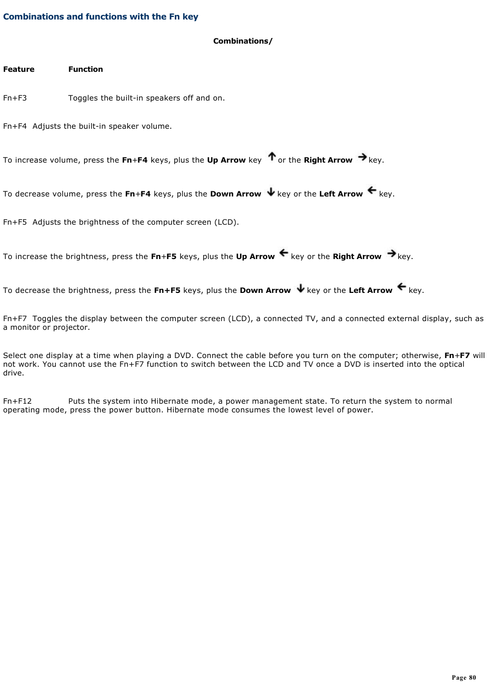 Combinations and functions with the fn key, Combinations and functions with, The fn key | Sony PCG-FRV33 User Manual | Page 80 / 141