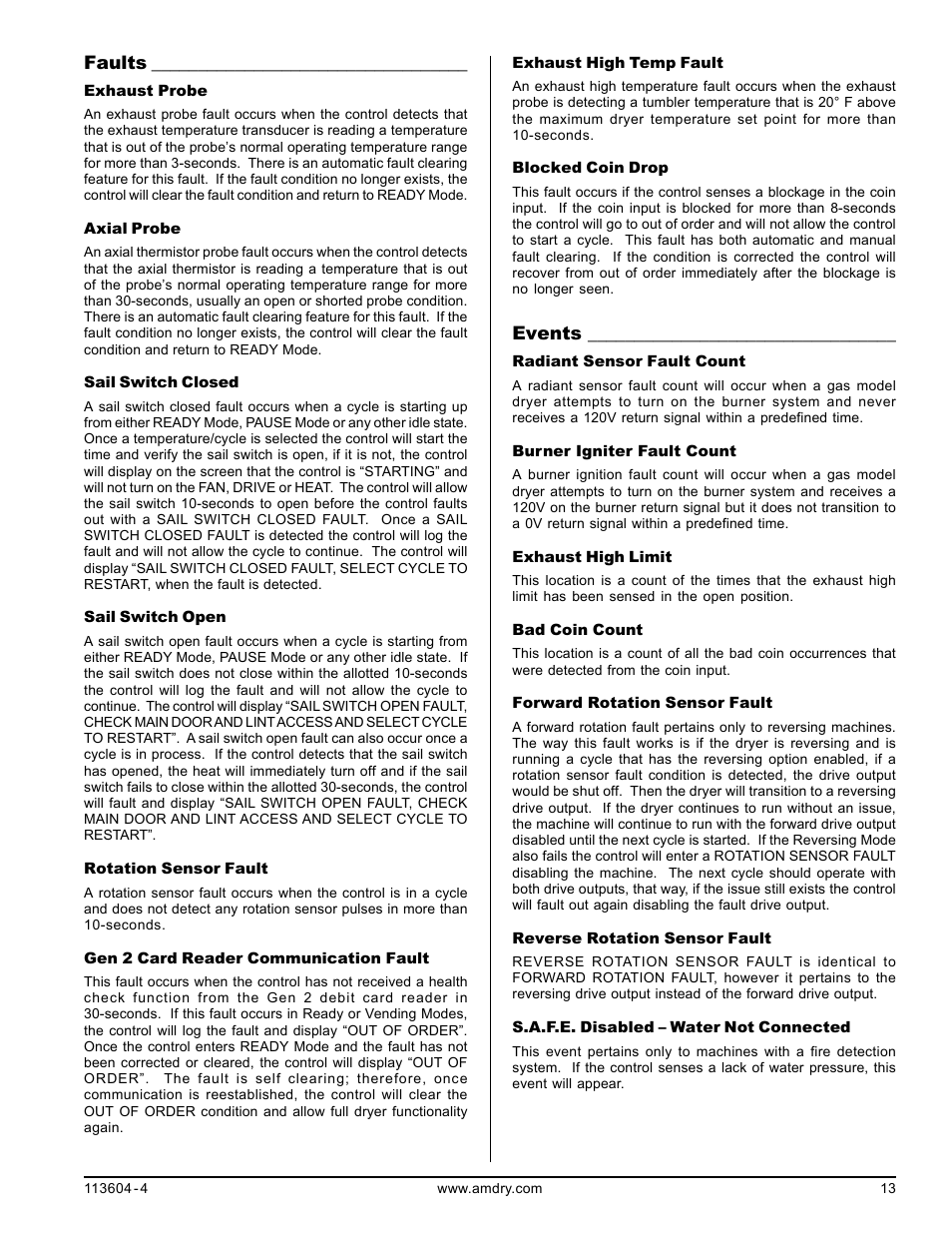 Faults, Events | American Dryer Corp. Microprocessor 8.4 Rev 2.2 User Manual | Page 13 / 14