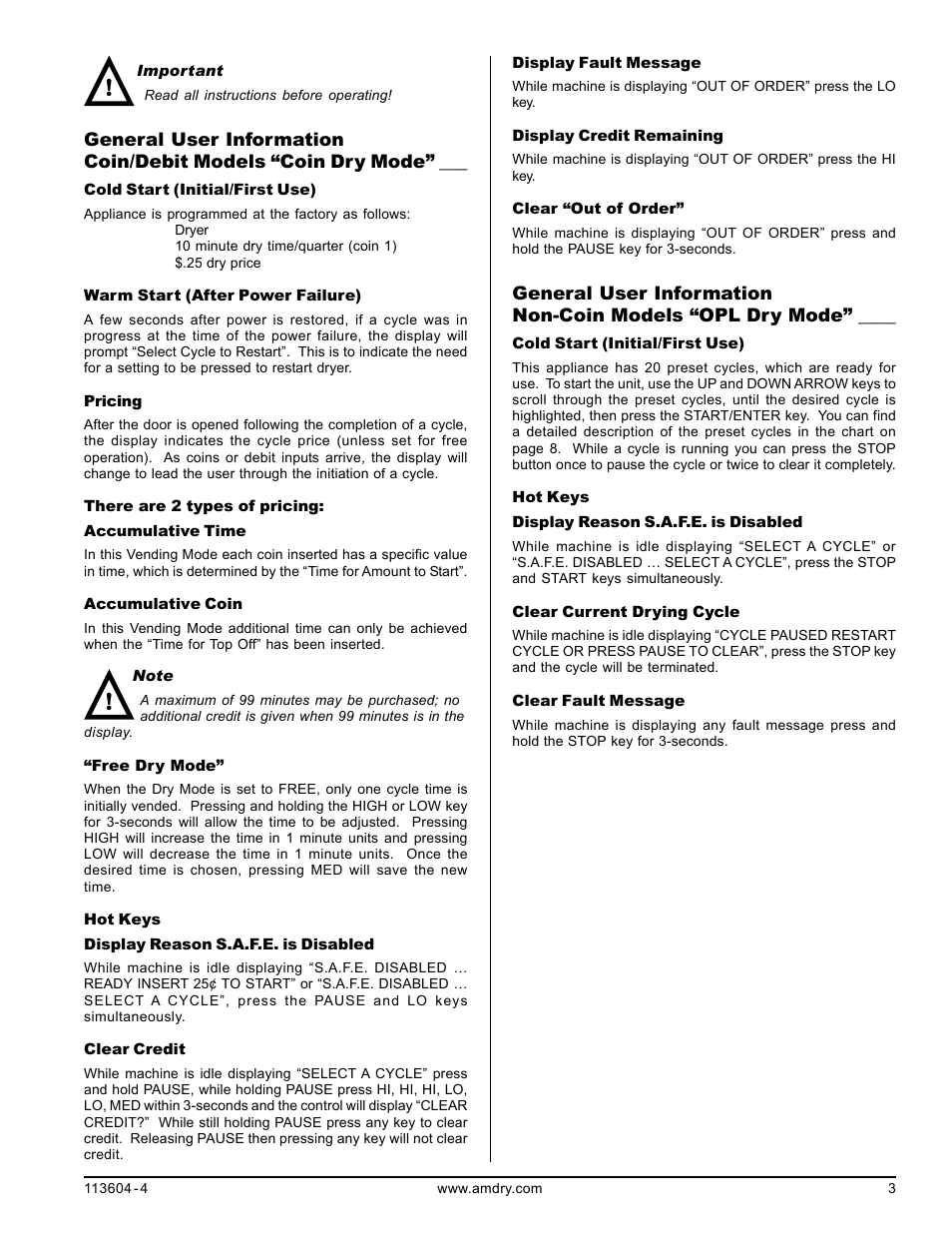 General user information, Coin/debit models “coin dry mode, Non-coin models “opl dry mode | American Dryer Corp. Microprocessor 8.4 Rev 2.2 User Manual | Page 3 / 14