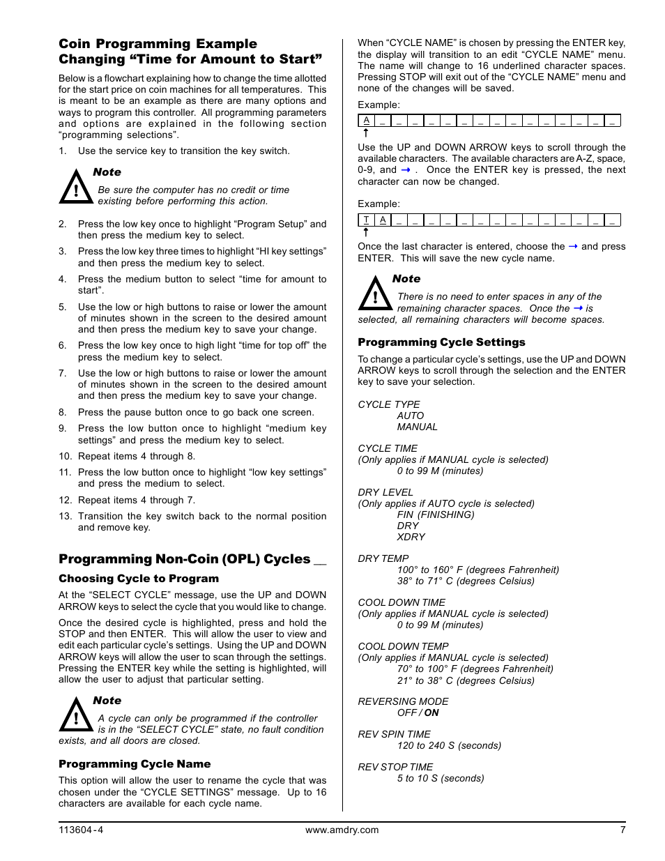 Coin programming example changing, Time for amount to start, Programming non-coin (opl) cycles | American Dryer Corp. Microprocessor 8.4 Rev 2.2 User Manual | Page 7 / 14