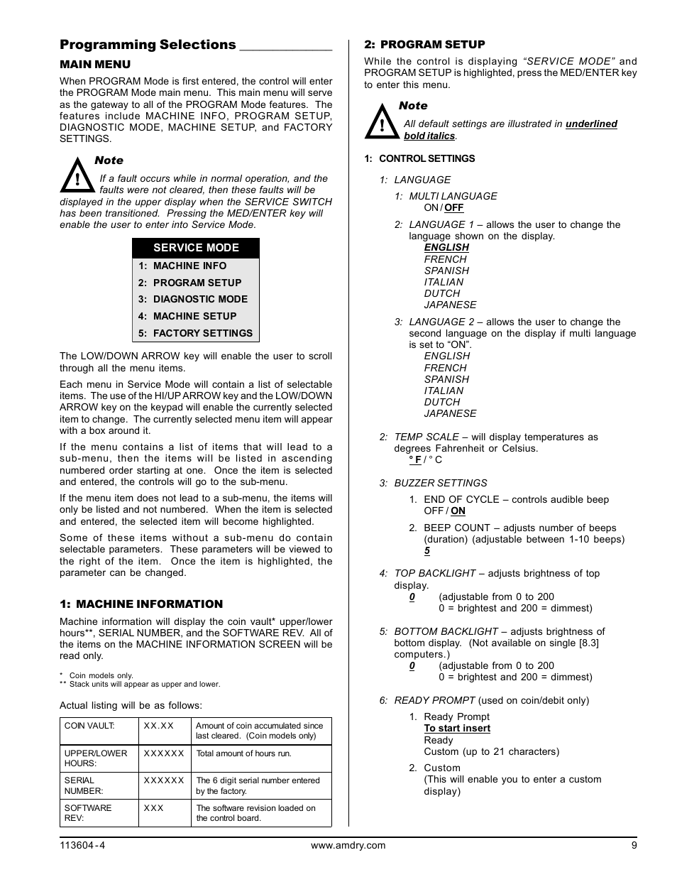 Programming selections | American Dryer Corp. Microprocessor 8.4 Rev 2.2 User Manual | Page 9 / 14