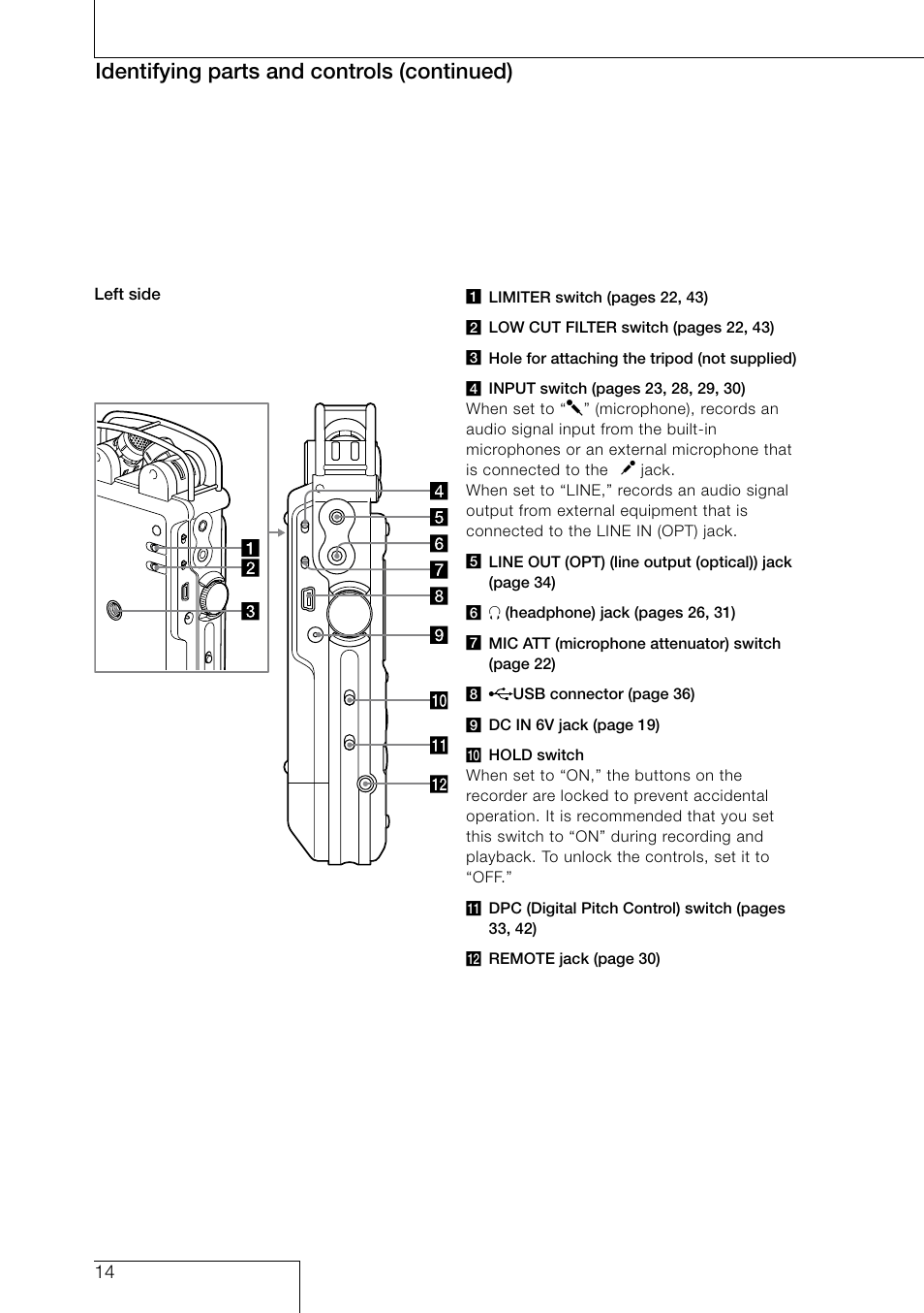 Identifying parts and controls (continued) | Sony PCM-D50 User Manual | Page 14 / 60