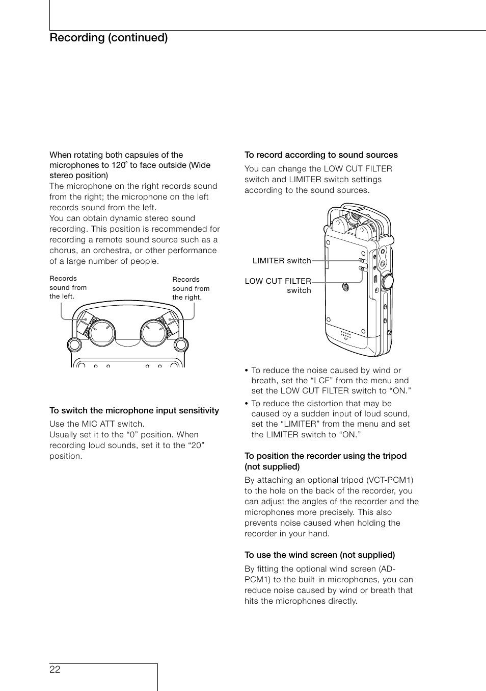 Recording (continued) | Sony PCM-D50 User Manual | Page 22 / 60