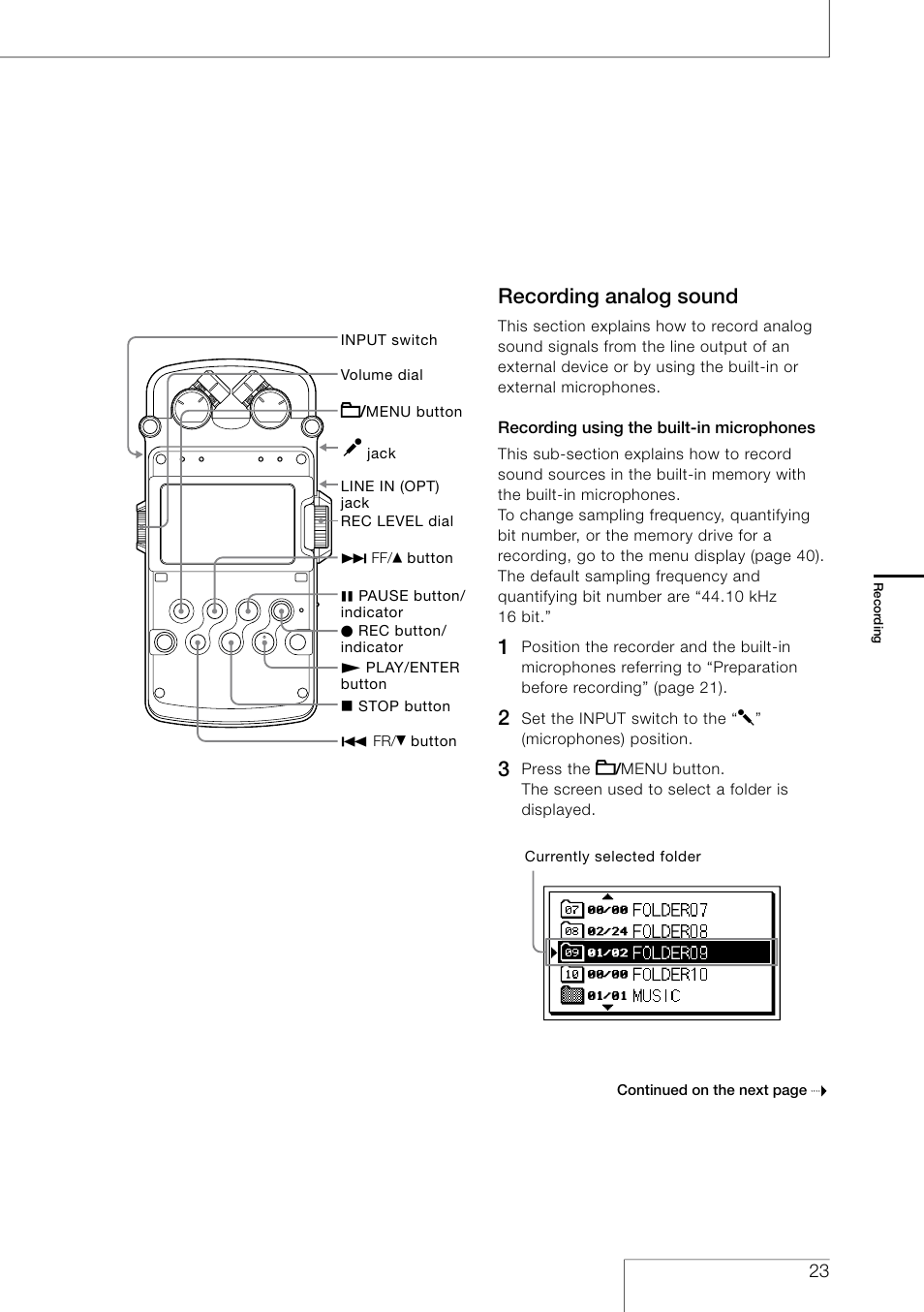 Recording analog sound | Sony PCM-D50 User Manual | Page 23 / 60