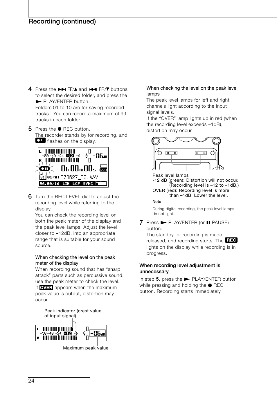 Recording (continued) | Sony PCM-D50 User Manual | Page 24 / 60