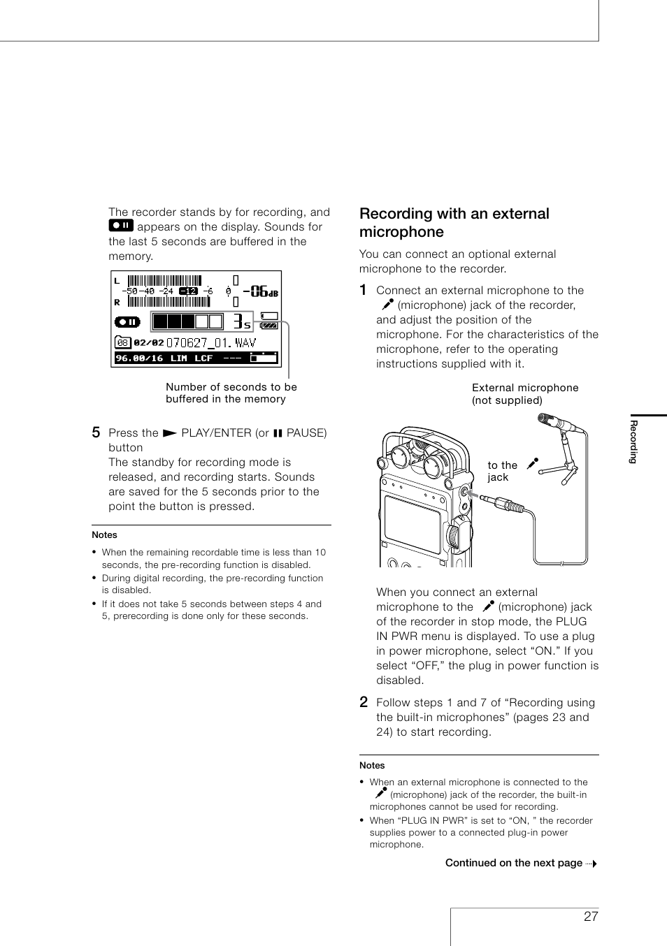 Recording with an external microphone | Sony PCM-D50 User Manual | Page 27 / 60