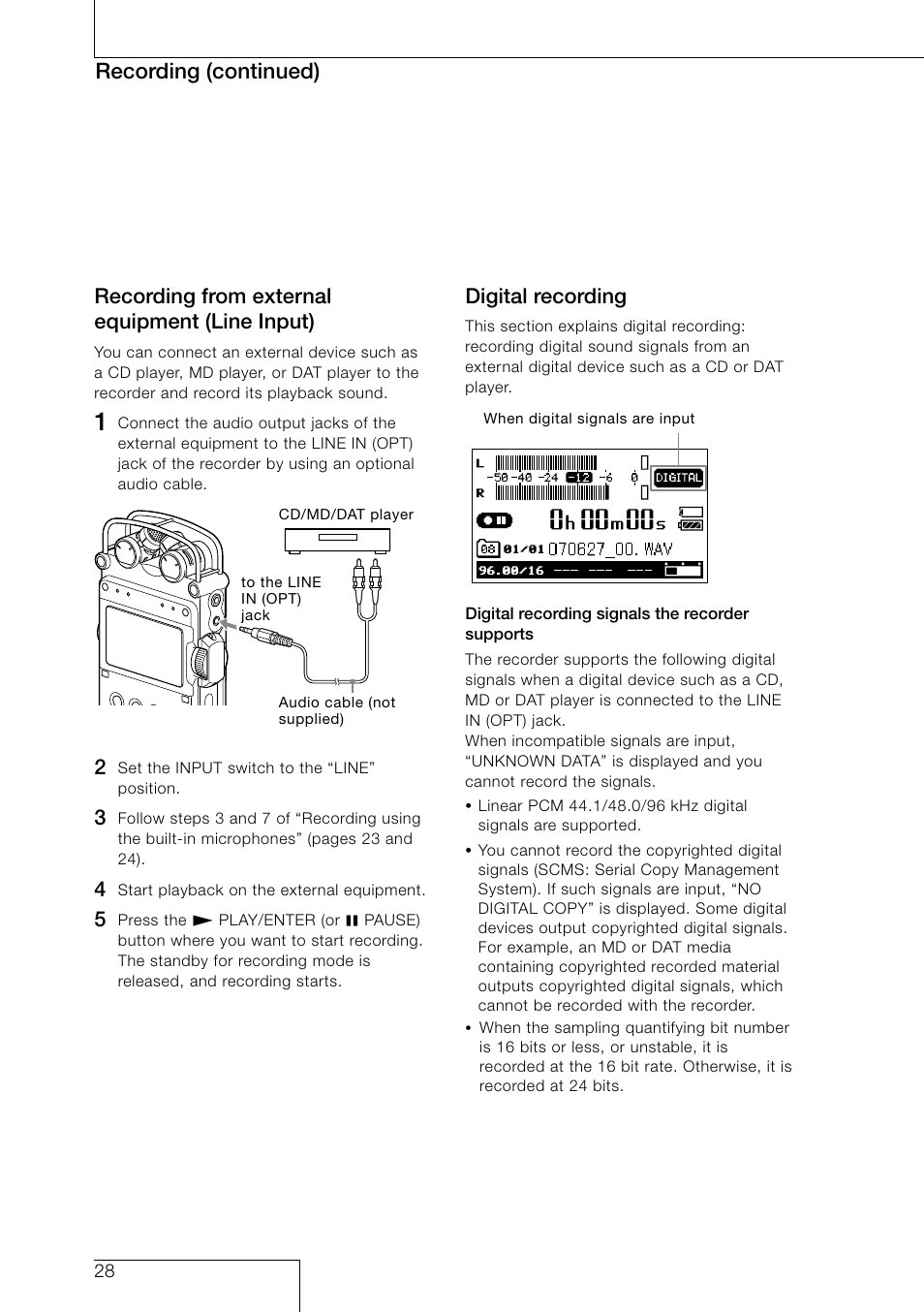 Recording from external equipment (line input), Digital recording, Recording (continued) | Sony PCM-D50 User Manual | Page 28 / 60