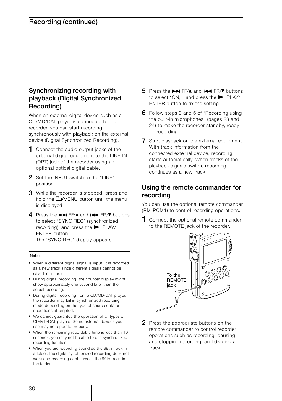 Using the remote commander for recording, Recording), Recording (continued) | Sony PCM-D50 User Manual | Page 30 / 60