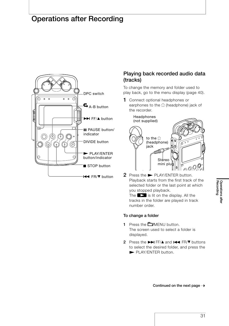 Operations after recording, Playing back recorded audio data (tracks) | Sony PCM-D50 User Manual | Page 31 / 60