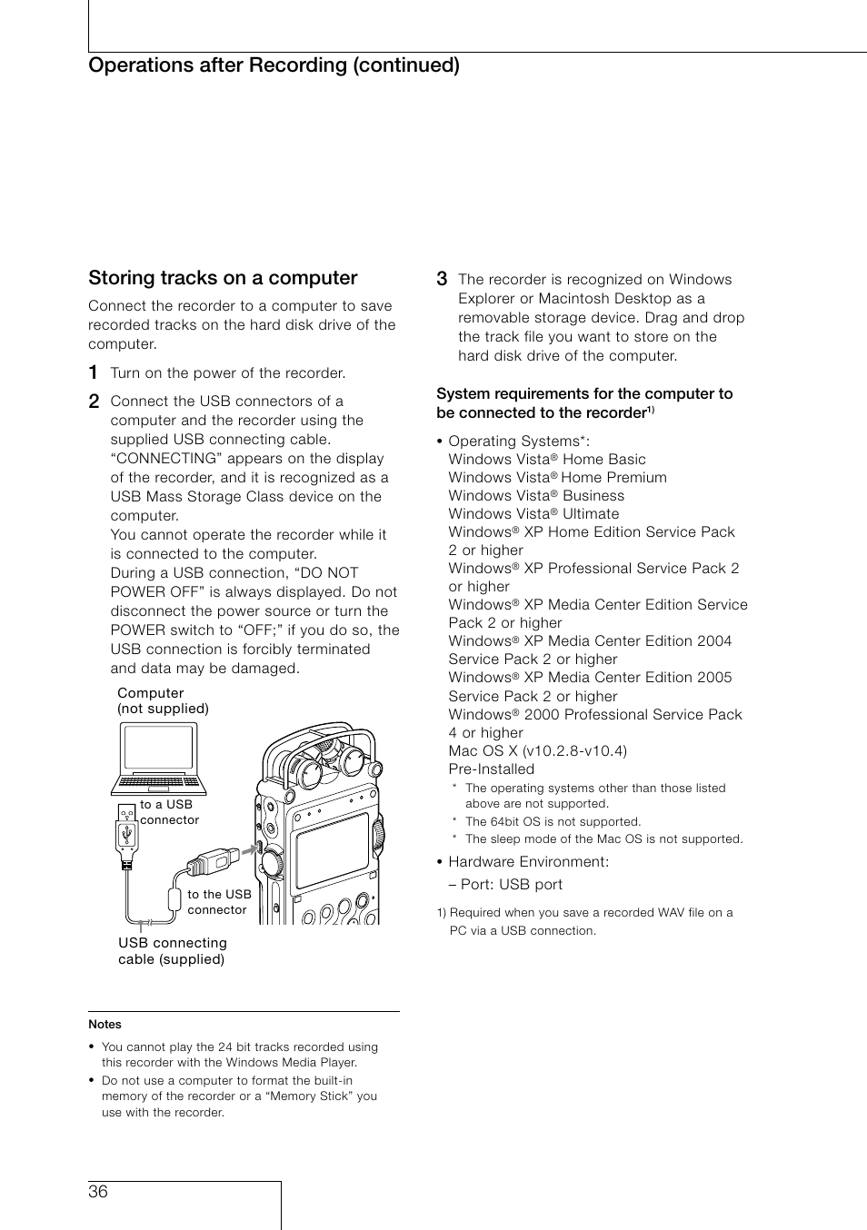 Storing tracks on a computer, Operations after recording (continued) | Sony PCM-D50 User Manual | Page 36 / 60