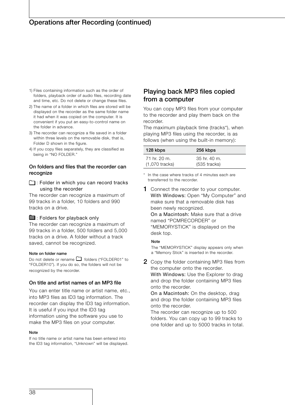 Playing back mp3 files copied from a computer, Operations after recording (continued) | Sony PCM-D50 User Manual | Page 38 / 60