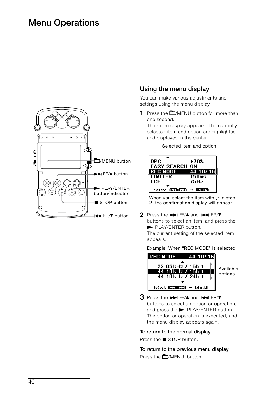 Menu operations, Using the menu display | Sony PCM-D50 User Manual | Page 40 / 60