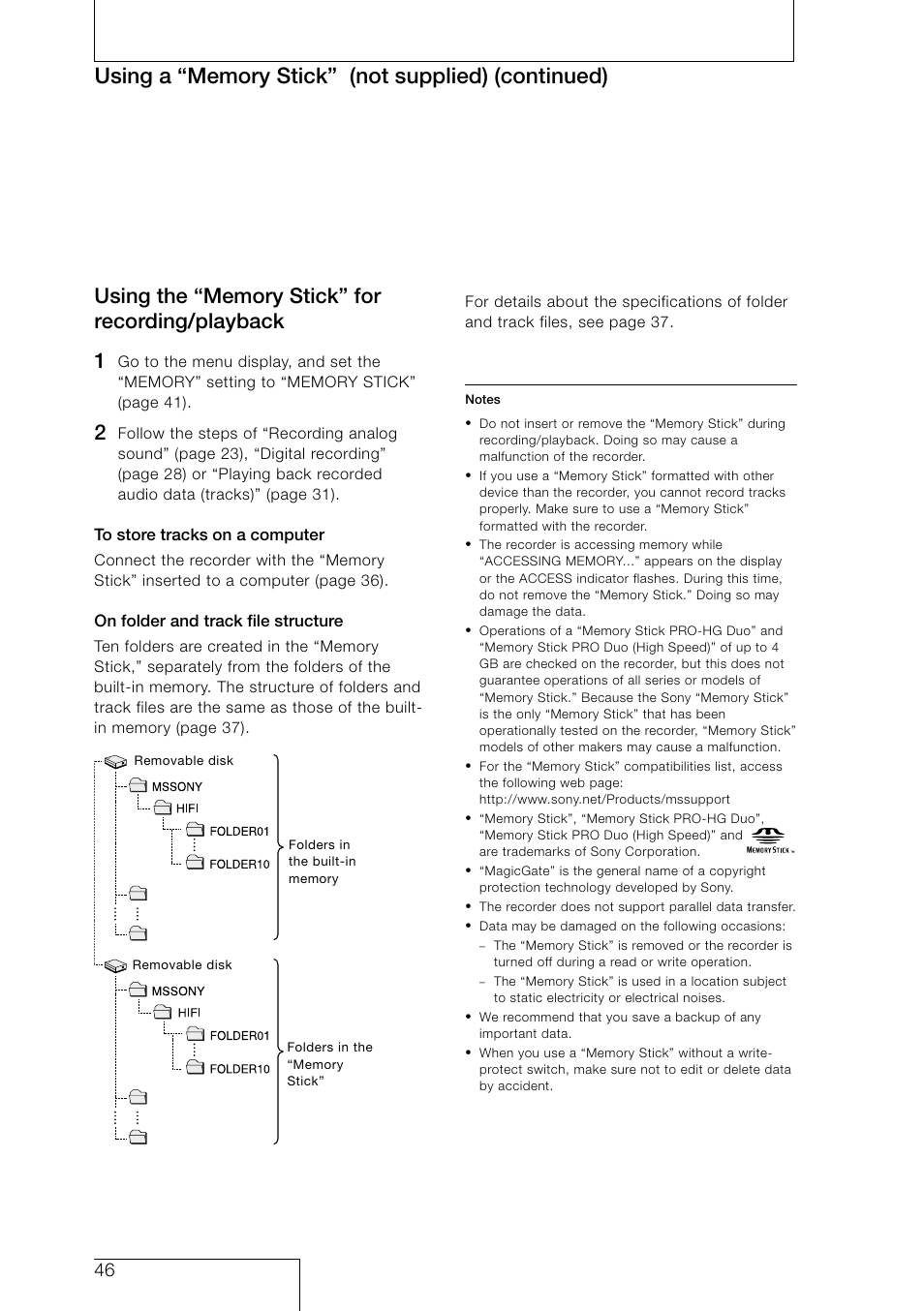 Using the “memory stick” for recording/playback | Sony PCM-D50 User Manual | Page 46 / 60