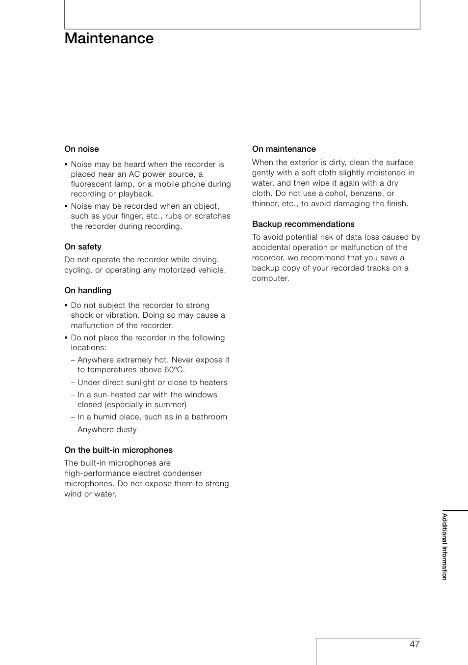 Maintenance | Sony PCM-D50 User Manual | Page 47 / 60