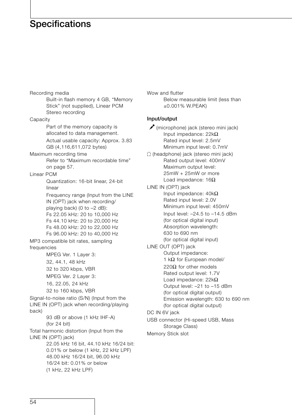 Specifications | Sony PCM-D50 User Manual | Page 54 / 60