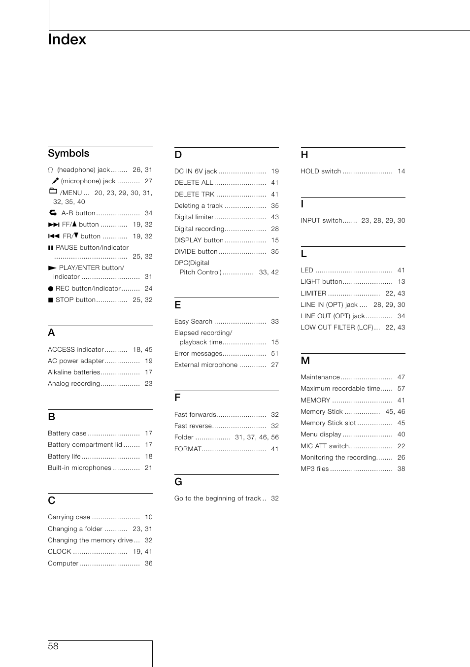 Index, Symbols | Sony PCM-D50 User Manual | Page 58 / 60