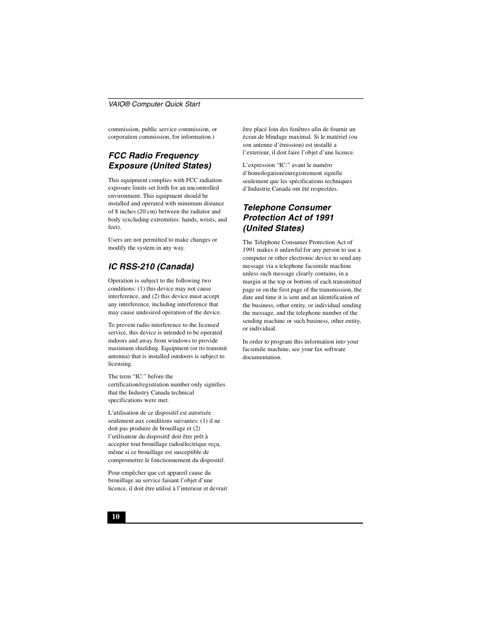 Fcc radio frequency exposure (united states), Ic rss-210 (canada) | Sony PCG-GRZ530 User Manual | Page 10 / 64