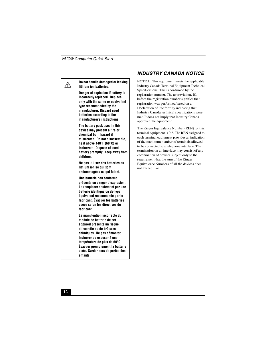 Industry canada notice | Sony PCG-GRZ530 User Manual | Page 12 / 64