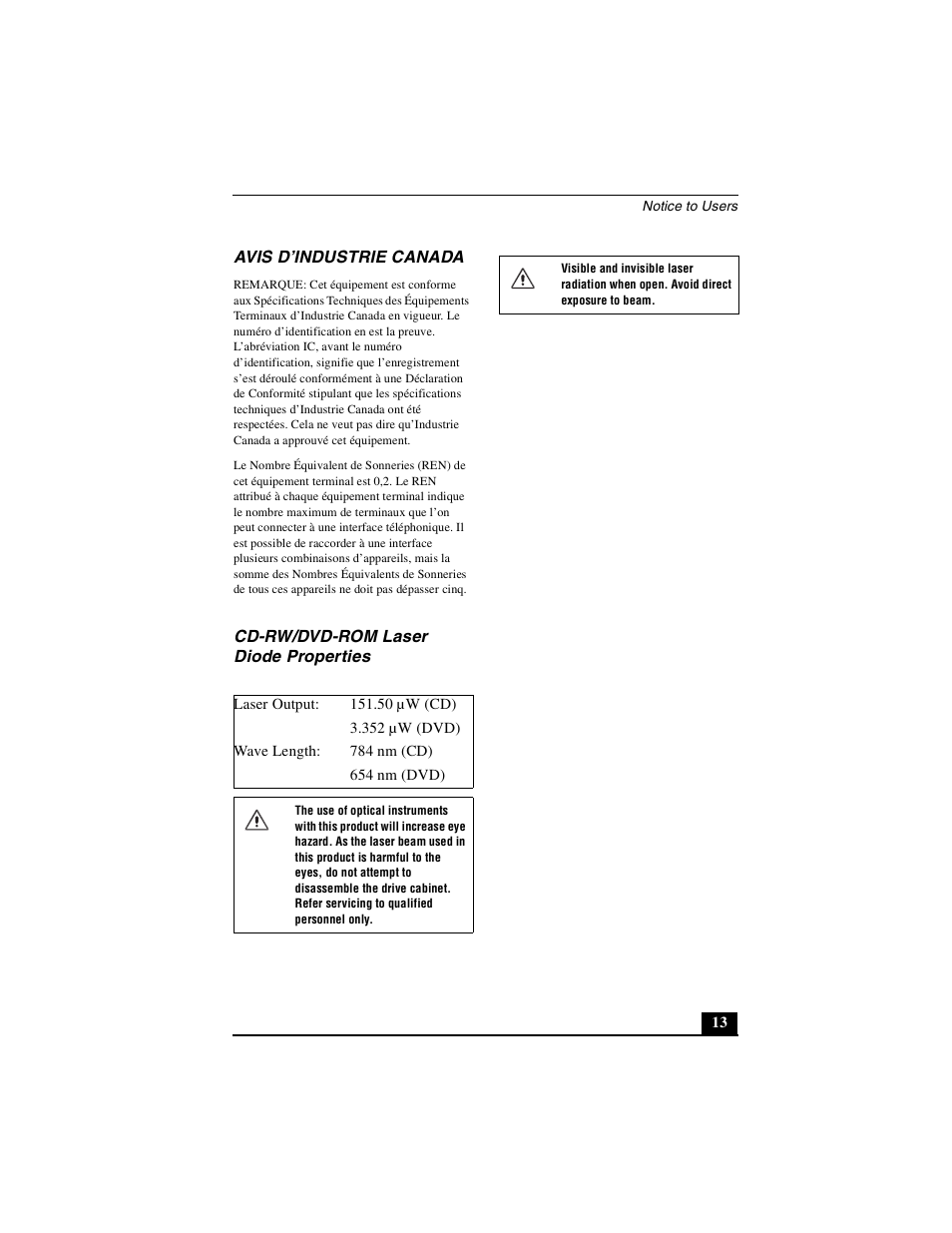 Avis d’industrie canada, Cd-rw/dvd-rom laser diode properties | Sony PCG-GRZ530 User Manual | Page 13 / 64