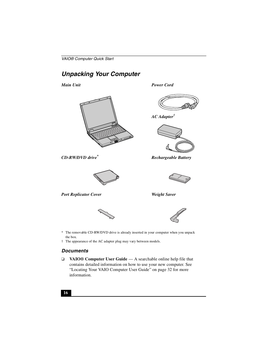 Unpacking your computer, Documents | Sony PCG-GRZ530 User Manual | Page 16 / 64