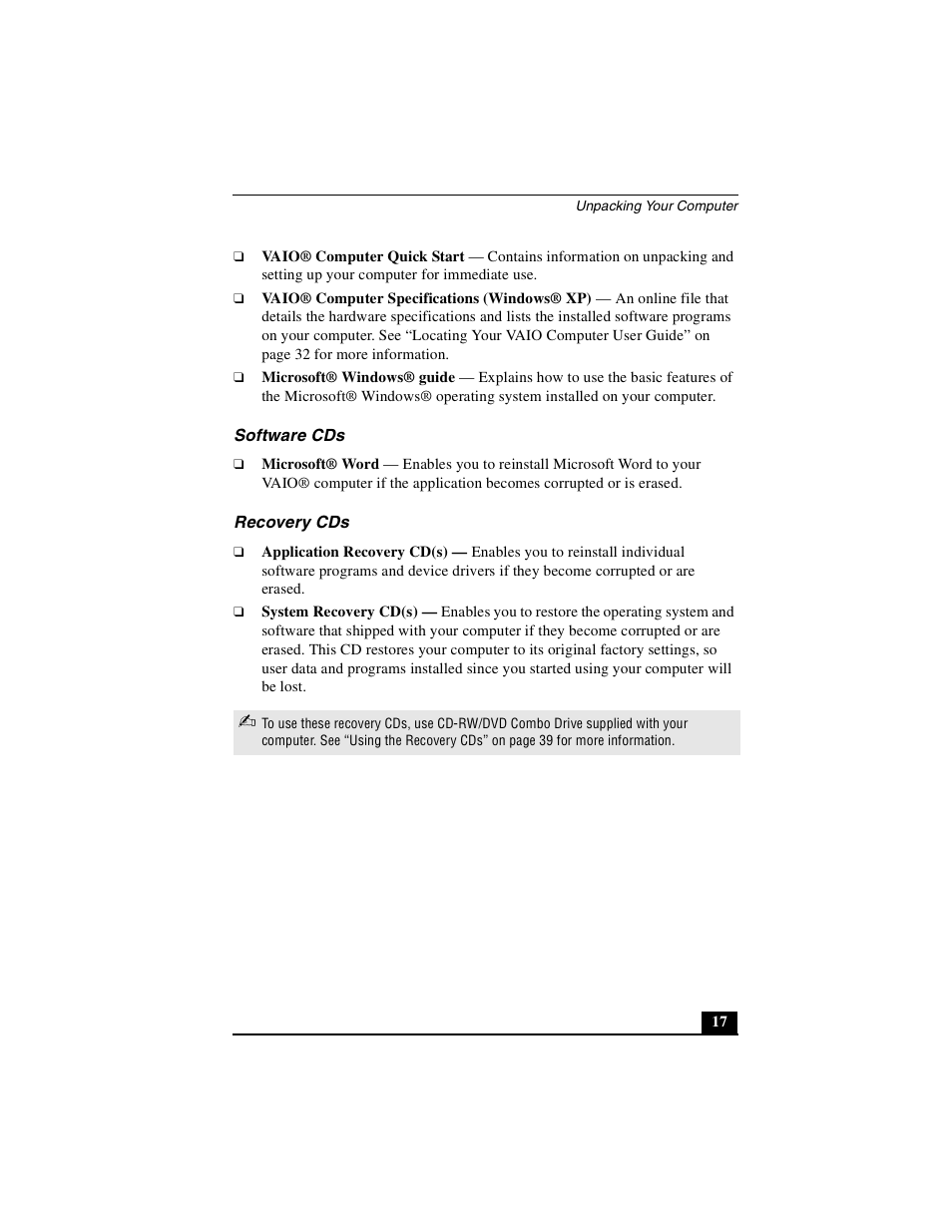 Software cds, Recovery cds | Sony PCG-GRZ530 User Manual | Page 17 / 64