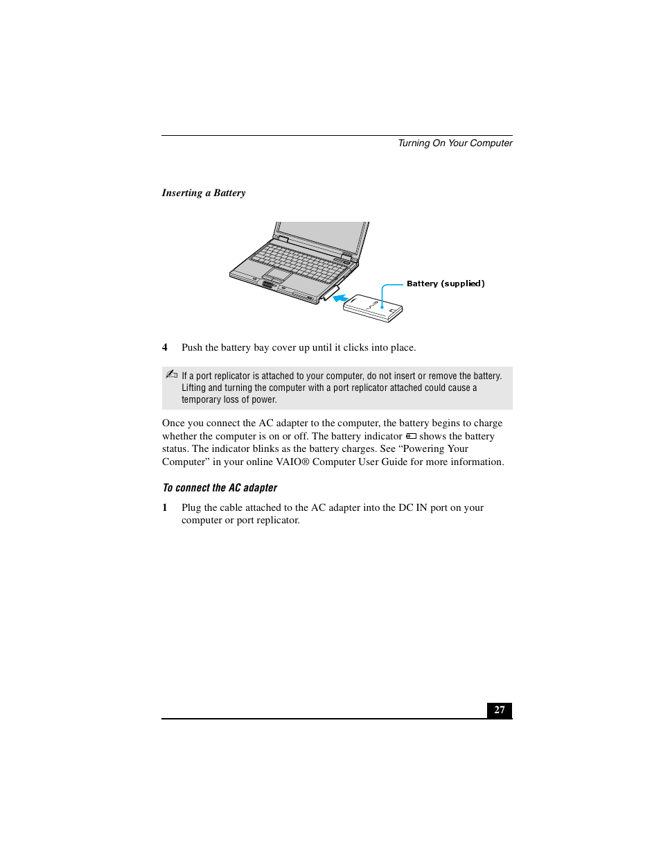 Battery (supplied) | Sony PCG-GRZ530 User Manual | Page 27 / 64