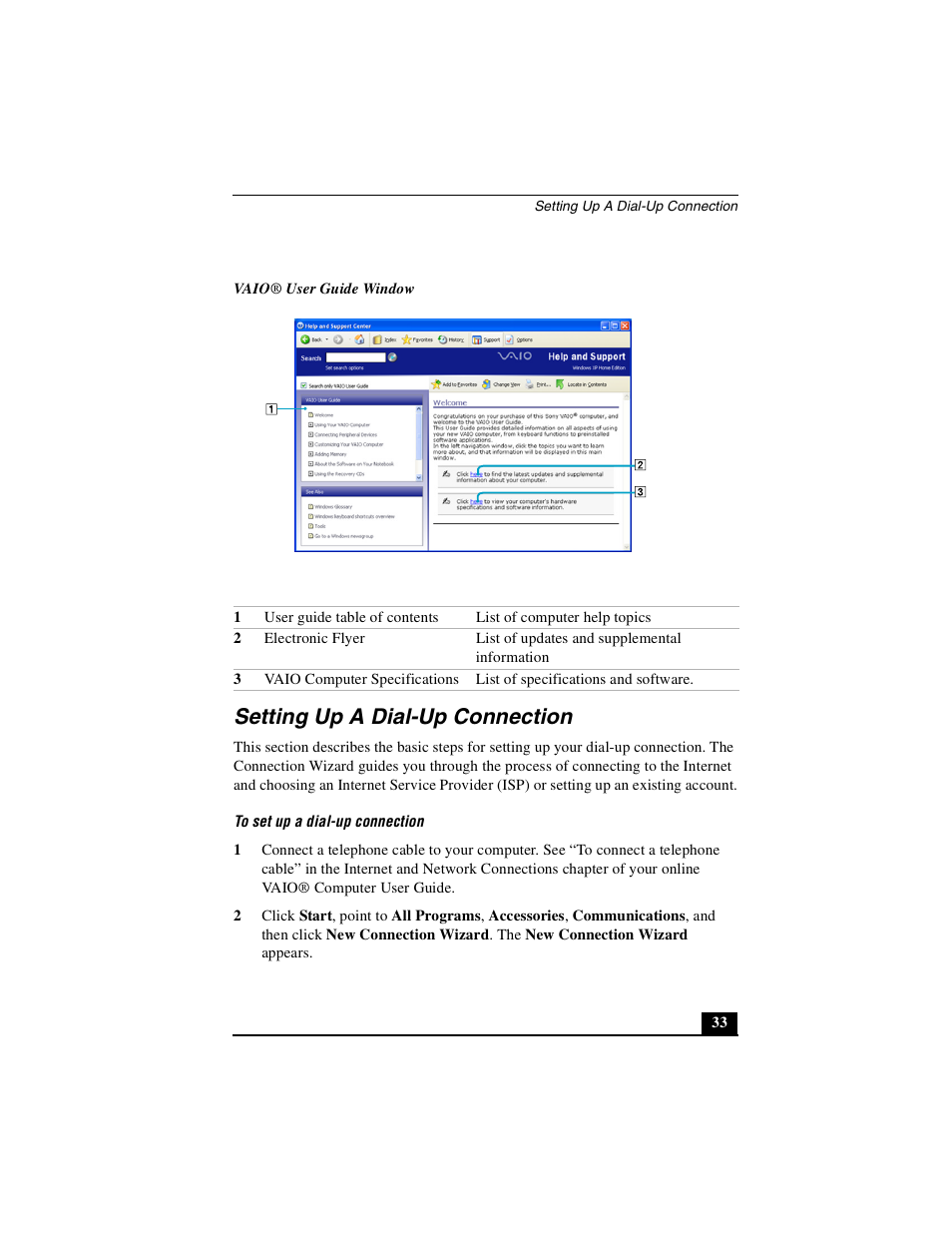 Setting up a dial-up connection | Sony PCG-GRZ530 User Manual | Page 33 / 64