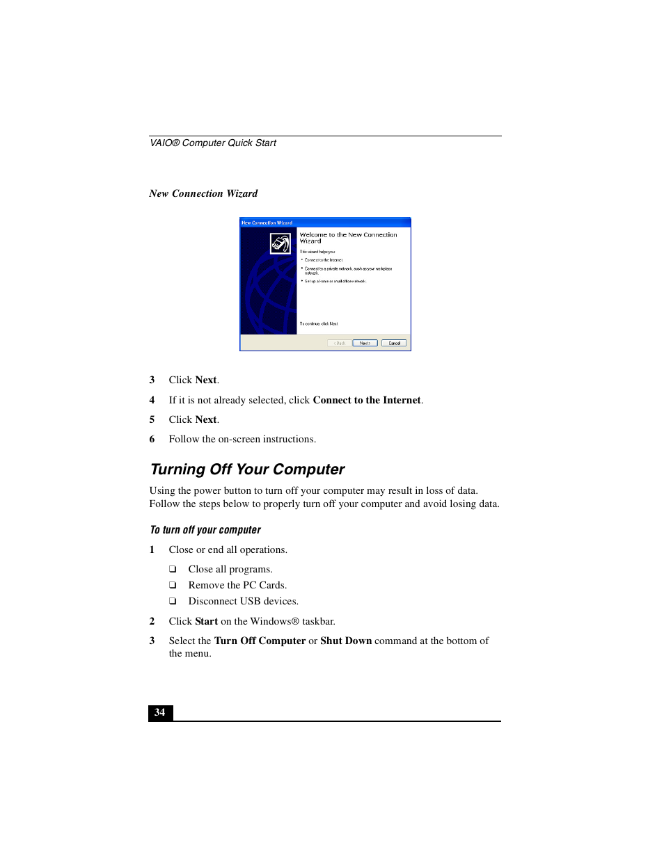 Turning off your computer | Sony PCG-GRZ530 User Manual | Page 34 / 64