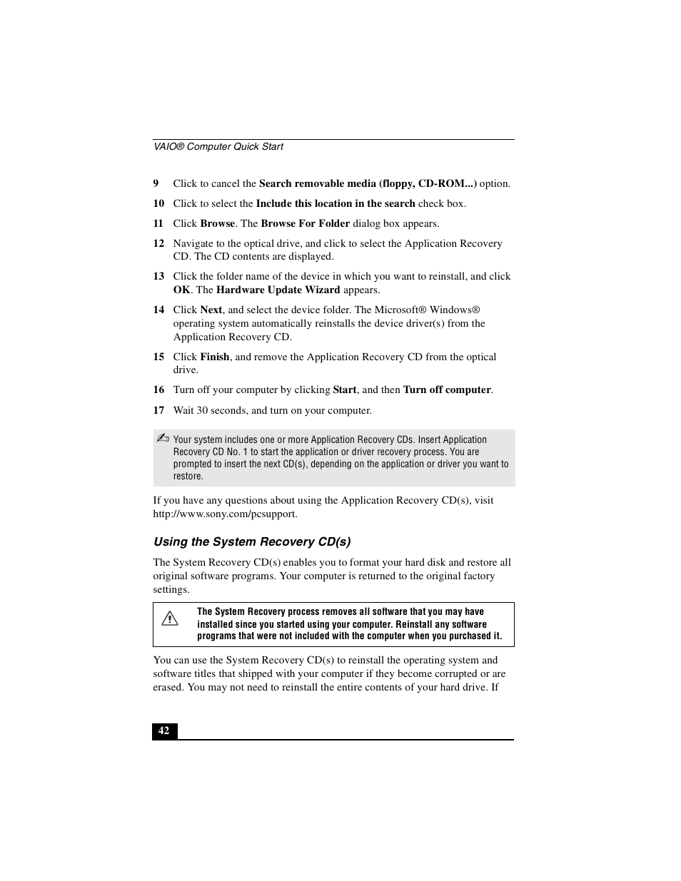 Using the system recovery cd(s) | Sony PCG-GRZ530 User Manual | Page 42 / 64