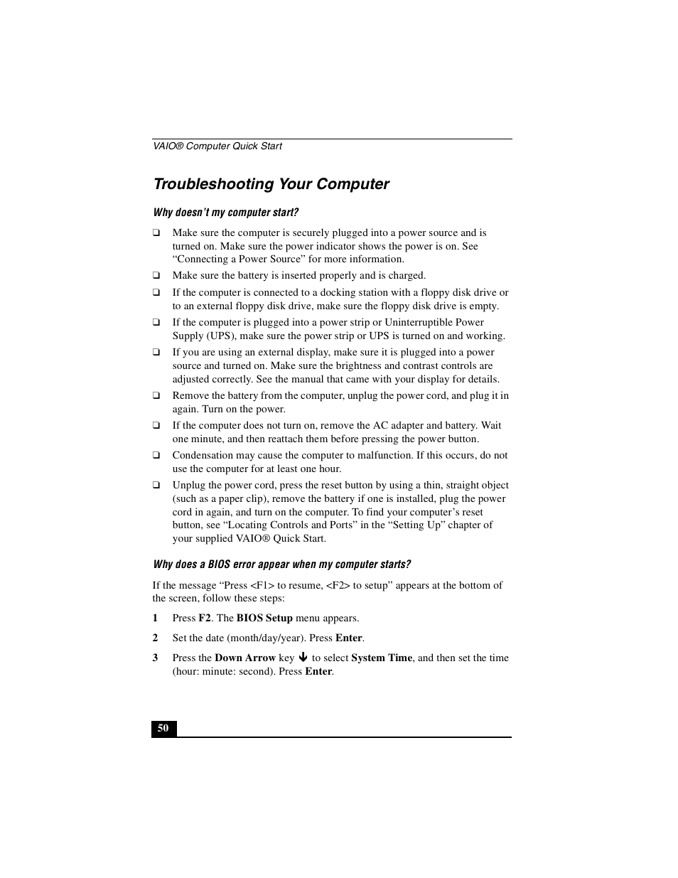 Troubleshooting your computer | Sony PCG-GRZ530 User Manual | Page 50 / 64