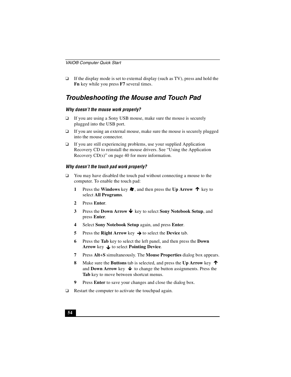 Troubleshooting the mouse and touch pad | Sony PCG-GRZ530 User Manual | Page 54 / 64