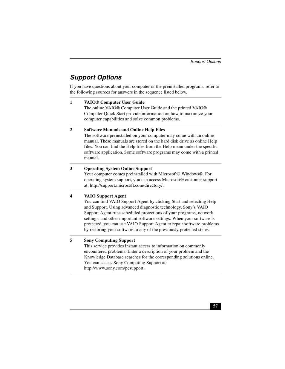 Support options | Sony PCG-GRZ530 User Manual | Page 57 / 64