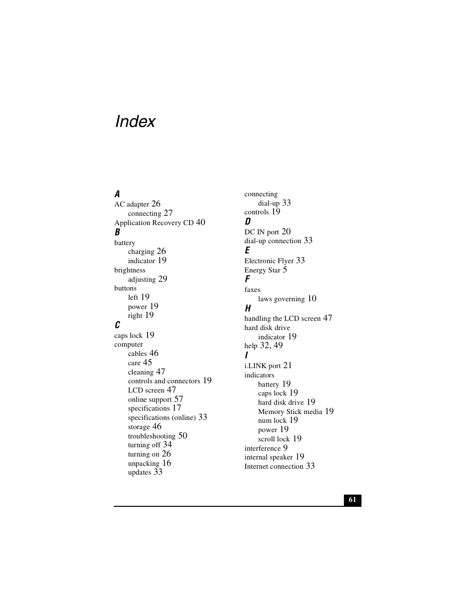 Index | Sony PCG-GRZ530 User Manual | Page 61 / 64