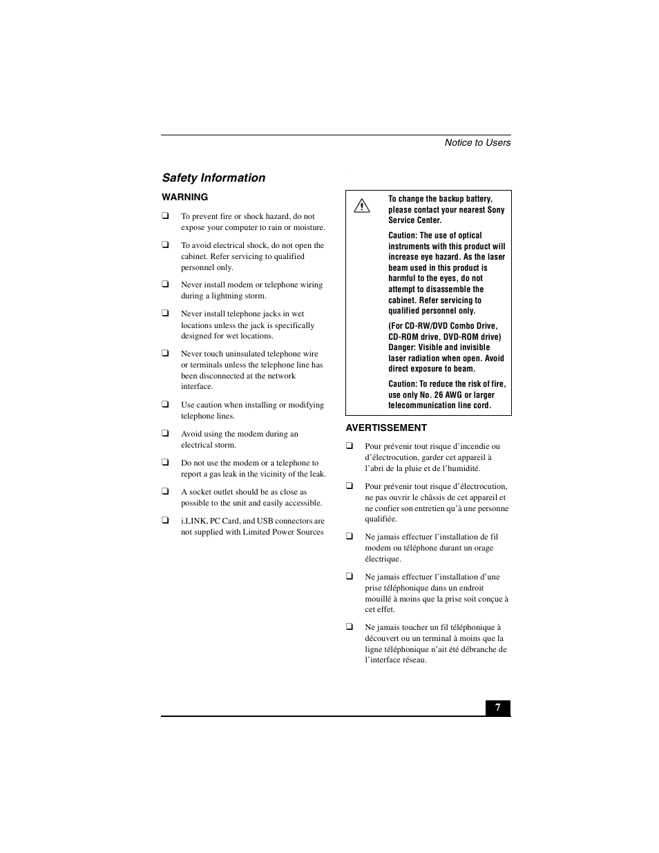 Safety information | Sony PCG-GRZ530 User Manual | Page 7 / 64