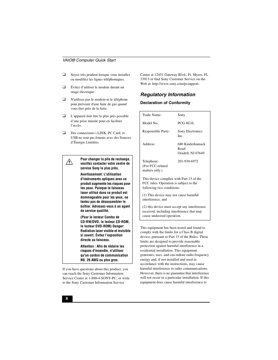 Regulatory information | Sony PCG-GRZ530 User Manual | Page 8 / 64