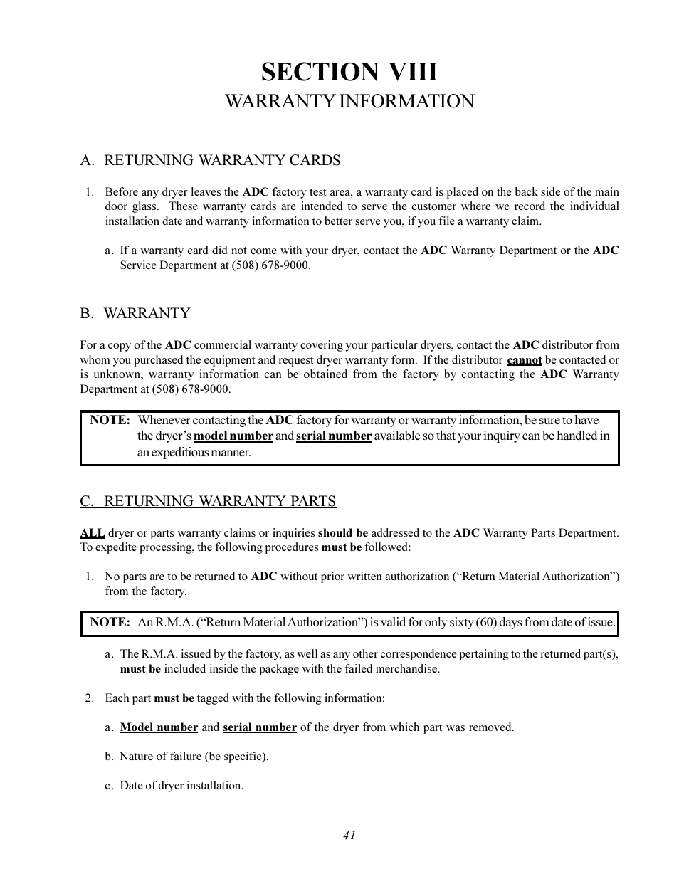Warranty information | American Dryer Corp. ADS-464 II User Manual | Page 45 / 80