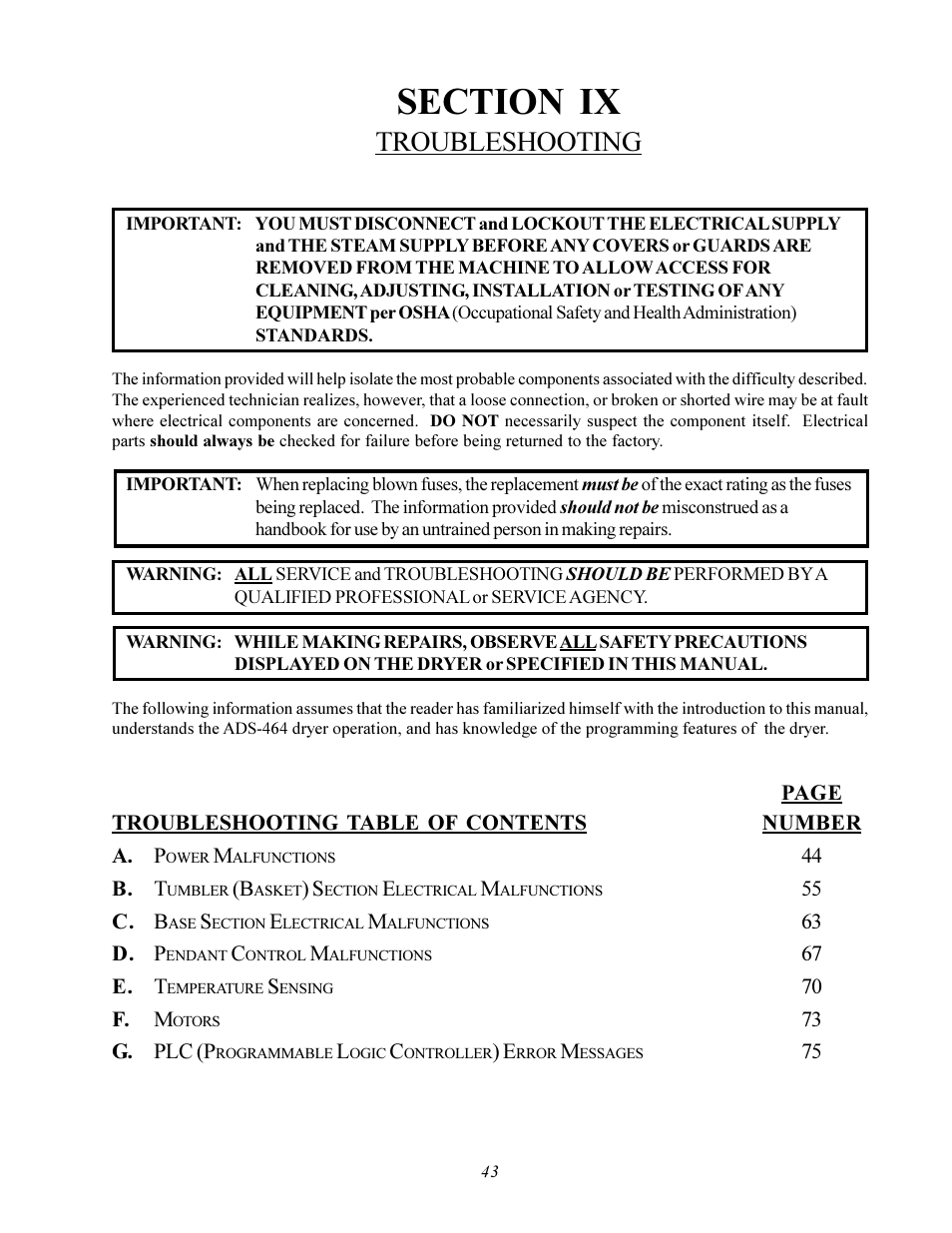 Troubleshooting | American Dryer Corp. ADS-464 II User Manual | Page 47 / 80