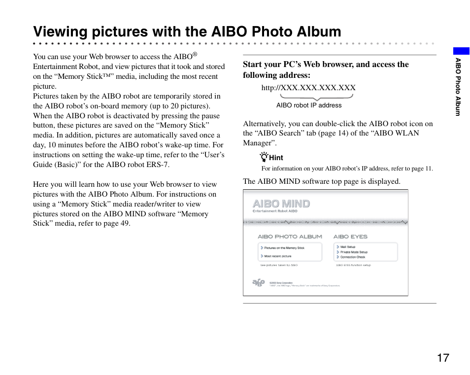 Viewing pictures with the aibo photo album | Sony ERS-7 User Manual | Page 17 / 62