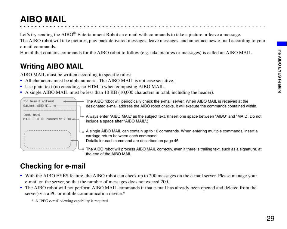 Aibo mail, Writing aibo mail, Checking for e-mail | Writing aibo mail checking for e-mail | Sony ERS-7 User Manual | Page 29 / 62