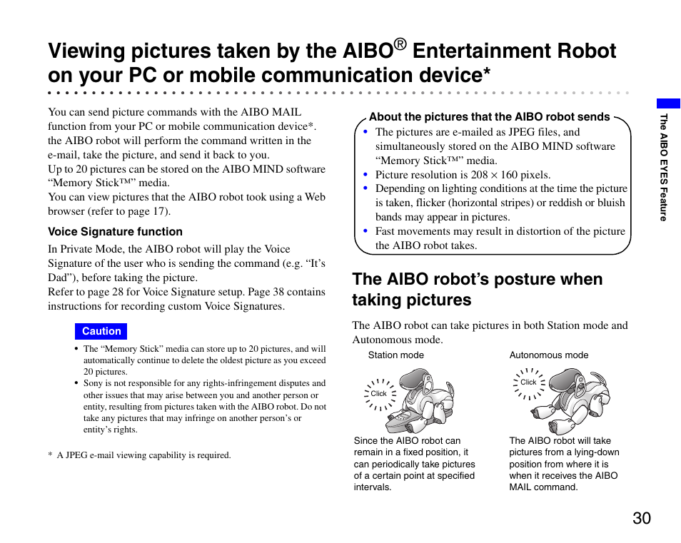 The aibo robot’s posture when taking pictures, Viewing pictures taken by the aibo | Sony ERS-7 User Manual | Page 30 / 62