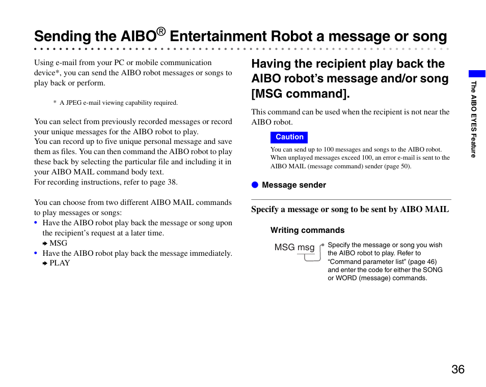 Sending the aibo, Entertainment robot a message or song | Sony ERS-7 User Manual | Page 36 / 62