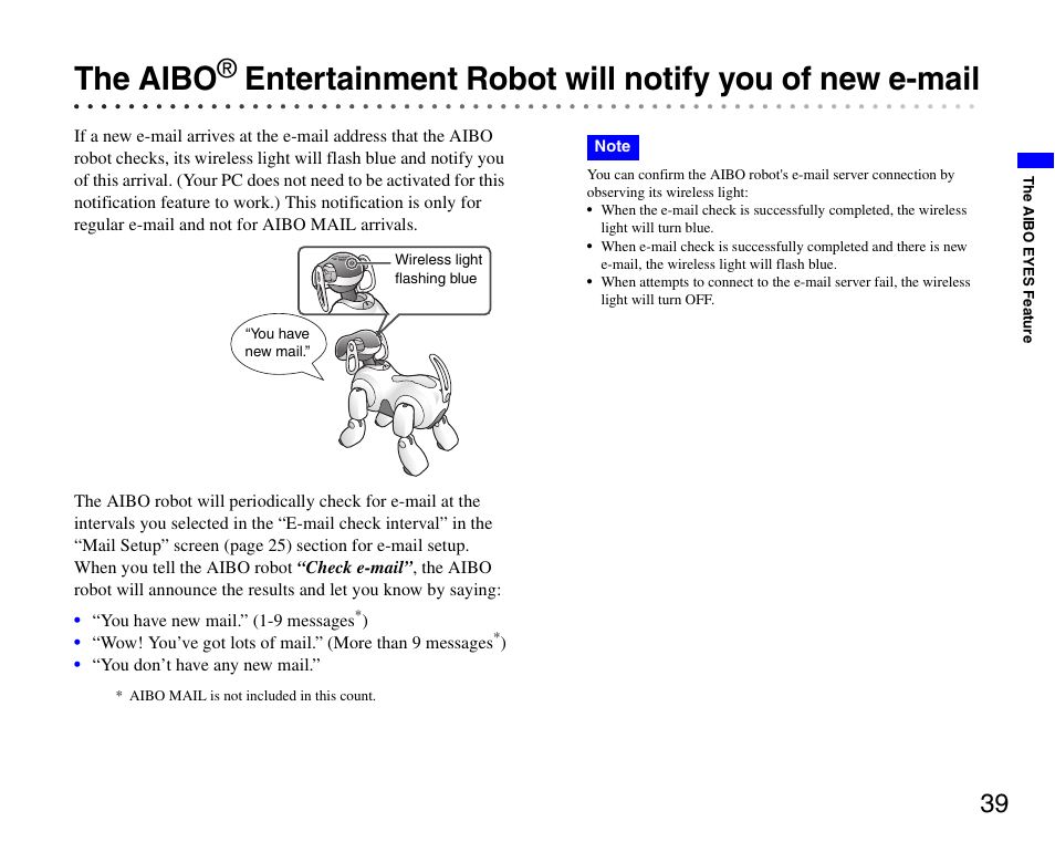 The aibo, Entertainment robot will notify you of new e-mail | Sony ERS-7 User Manual | Page 39 / 62