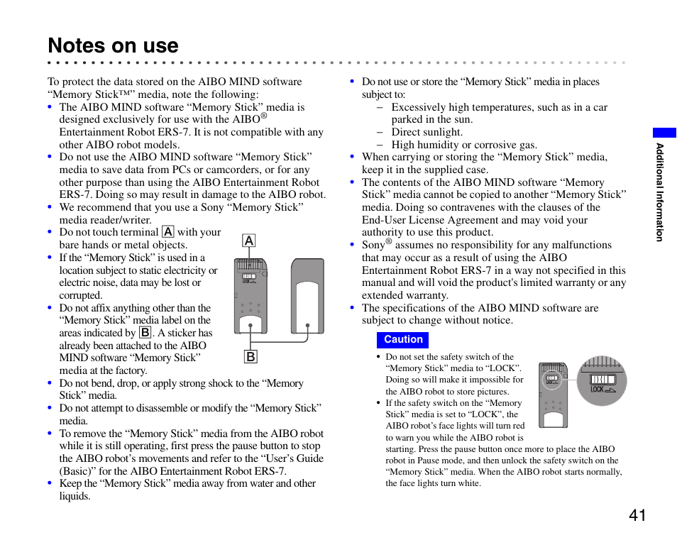 Notes on use | Sony ERS-7 User Manual | Page 41 / 62