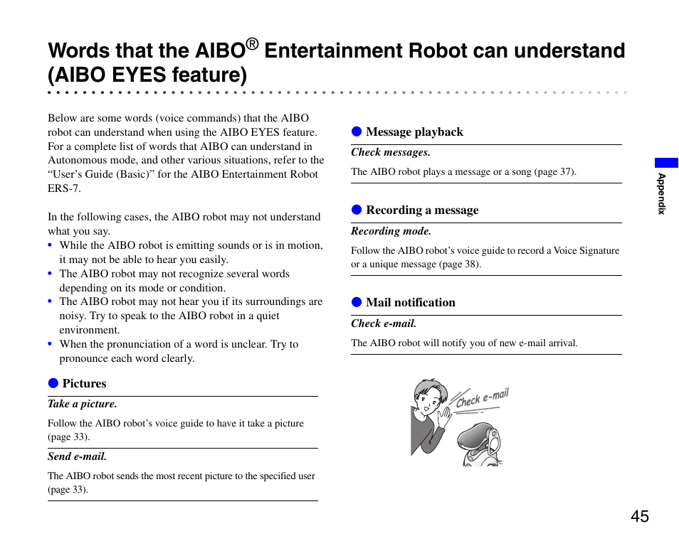 Words that the aibo, Entertainment robot can understand, Aibo eyes feature) | Sony ERS-7 User Manual | Page 45 / 62