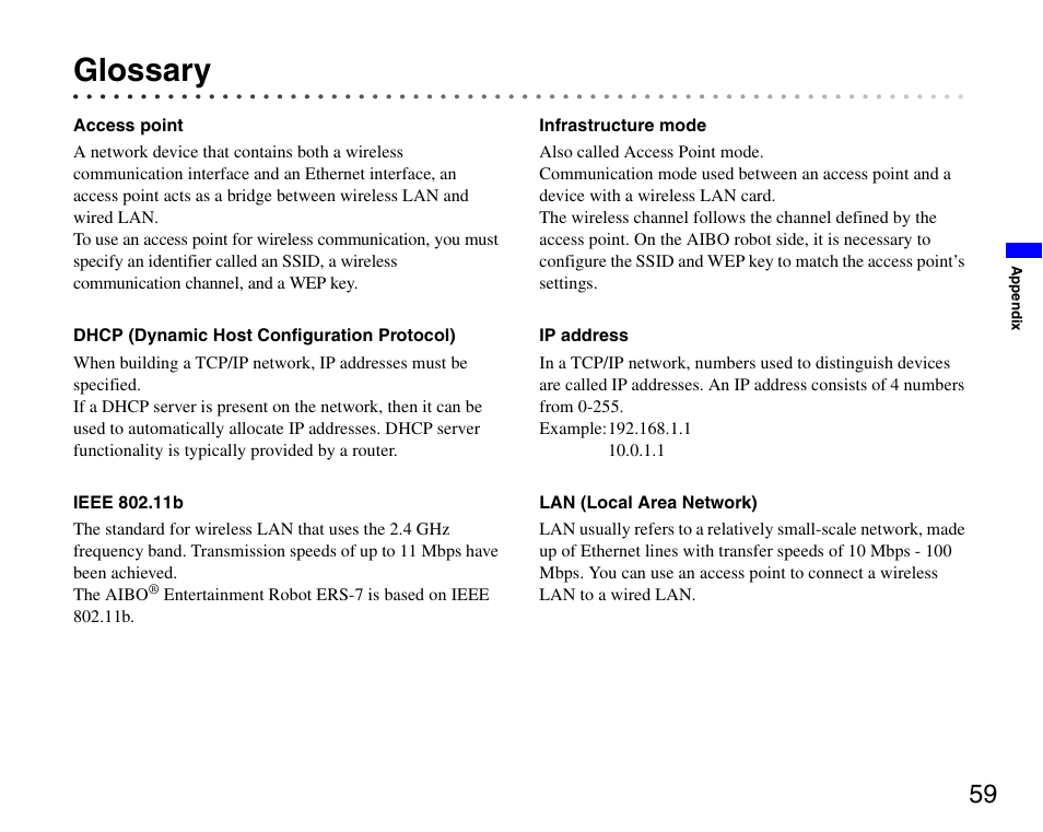 Glossary | Sony ERS-7 User Manual | Page 59 / 62